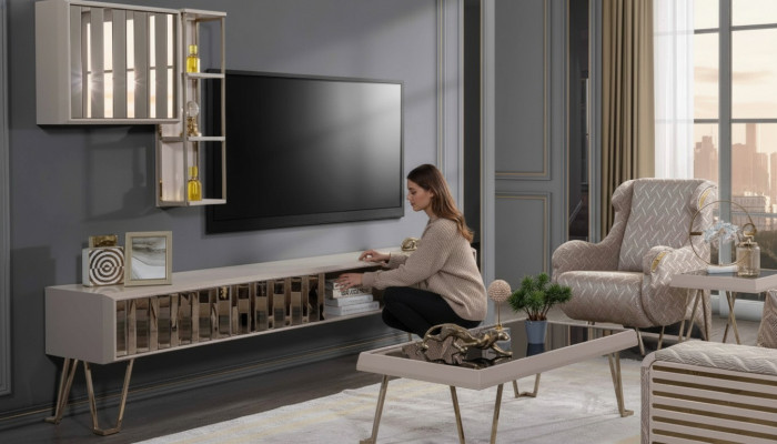 TV-Stänner RTV Wandregaler Couchtisch Beige Metall Modern Wunnzëmmer Set 3tlg