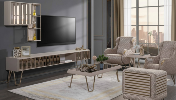 TV-Stänner RTV Wandregaler Couchtisch Beige Metall Modern Wunnzëmmer Set 3tlg