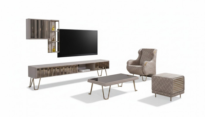 TV-Stänner RTV Wandregaler Couchtisch Beige Metall Modern Wunnzëmmer Set 3tlg