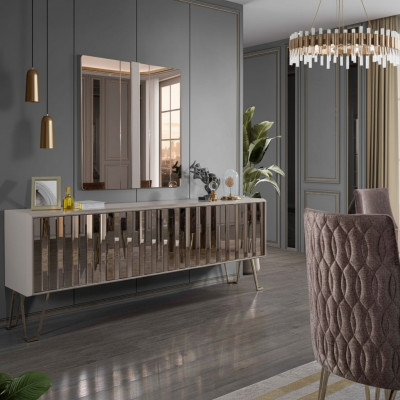 Luxus Säitendësch mat Spigel stilvoll Beige Kommode Modern Miwweldesign Set Nei