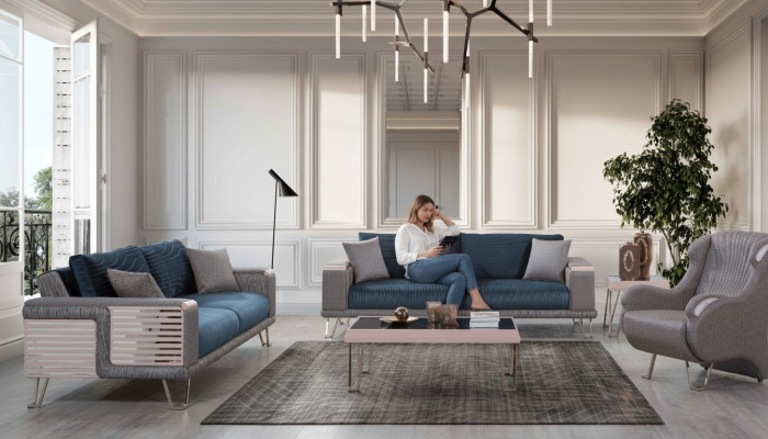 Sëtzgrupp 3+3+1 Sëtzplaz + Couchtisch Modern Textil Komplett Blo Nei