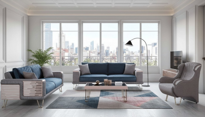 Sëtzgrupp 3+3+1 Sëtzplaz + Couchtisch Modern Textil Komplett Blo Nei