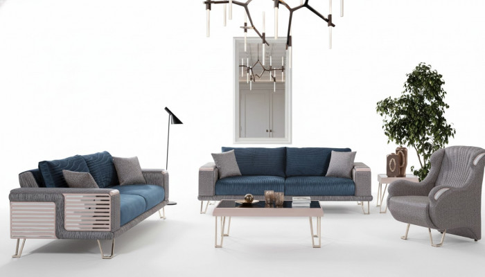 Sëtzgrupp 3+3+1 Sëtzplaz + Couchtisch Modern Textil Komplett Blo Nei