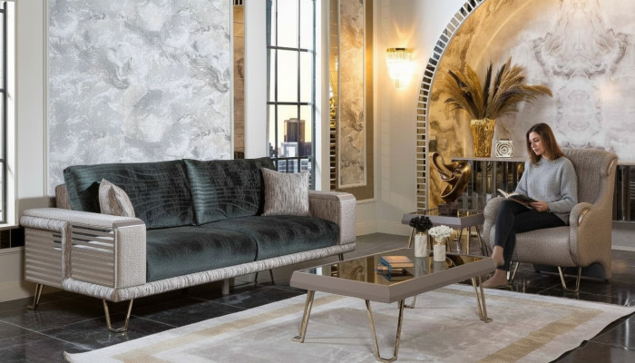 Sofagarnitur 3+1 Sëtzer + Couchdësch Modern Niewendësch Textil Komplett Beige