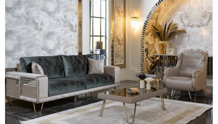 Sofagarnitur 3+1 Sëtzer + Couchdësch Modern Niewendësch Textil Komplett Beige