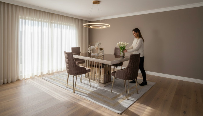 Luxus Iesszëmmer Set Dëscht mat 4x Still Metall Still Textil Iessgrupp Garnitur