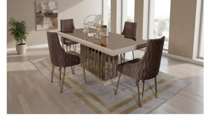Luxus Iesszëmmer Set Dëscht mat 4x Still Metall Still Textil Iessgrupp Garnitur