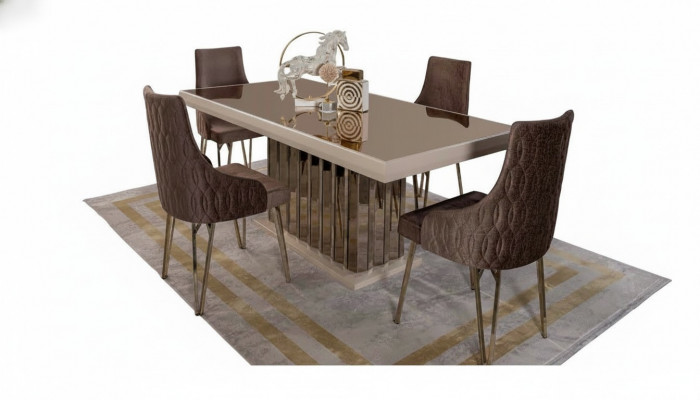 Luxus Iesszëmmer Set Dëscht mat 4x Still Metall Still Textil Iessgrupp Garnitur