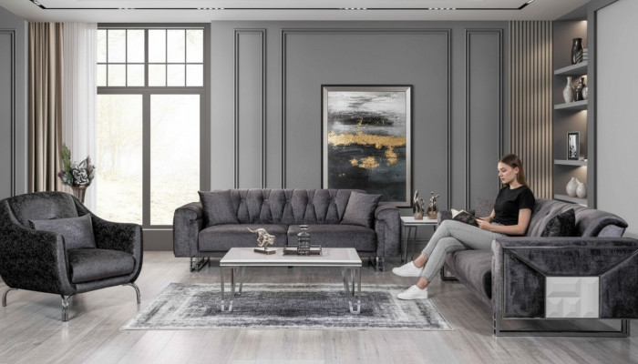 Sofagarnitur 3+3+1 Sëtzer Couchtisch Niewentisch Modern Schwaarz Komplett nei