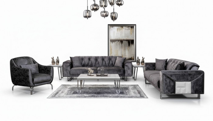 Sofagarnitur 3+3+1 Sëtzer Couchtisch Niewentisch Modern Schwaarz Komplett nei
