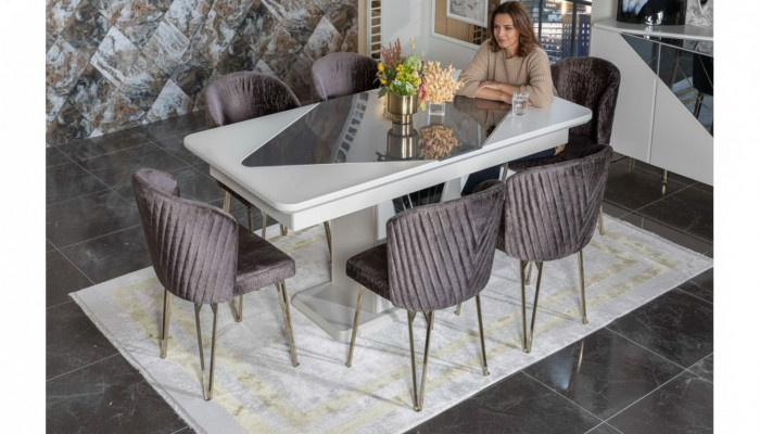 Designer wäissen Iessdësch x6 däischter-lila Textilstillen Iesszëmmer Garnitur