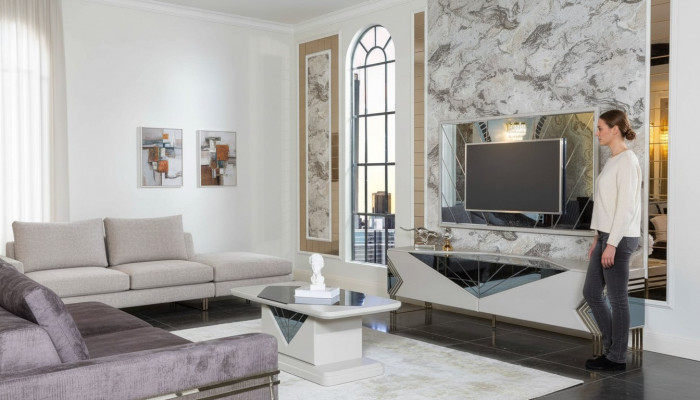Moderne Wäiss Wunnwand Garnitur Designer TV-Sideboard Luxus TV-Kader