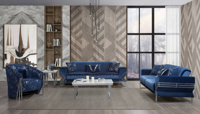 Wunnzëmmer Blo Sofa-Set Designer Dräisëtzer Fauteuil Kaffisdësch