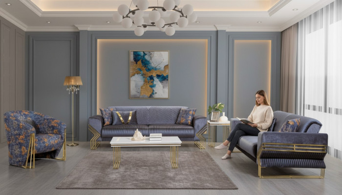 Hellblo Wäin Zëmmer Set Designer 3-Sëtzer Luxusfotel Couchtisch