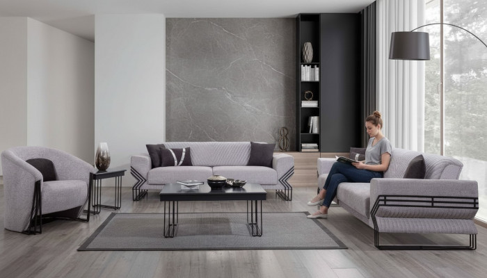 Hellgrou Sofa Garnitur Modern x2 Polstersofa Designer Fotel Tischen