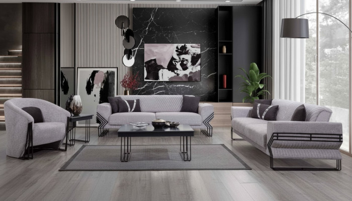 Hellgrou Sofa Garnitur Modern x2 Polstersofa Designer Fotel Tischen