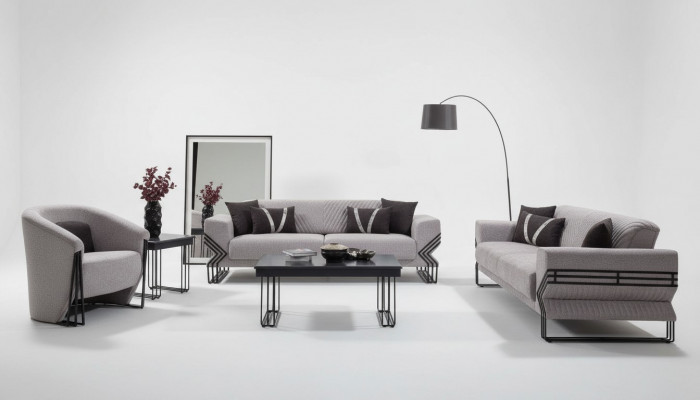 Hellgrou Sofa Garnitur Modern x2 Polstersofa Designer Fotel Tischen