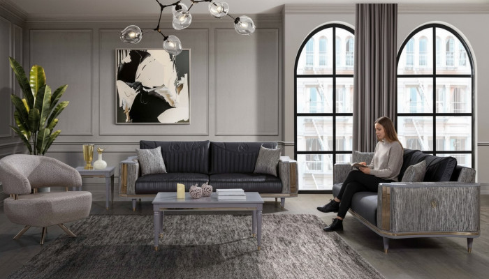 Grau Wunnzëmmer Garnitur Designer Canapéen Luxus Couchtisch Bäistelltisch