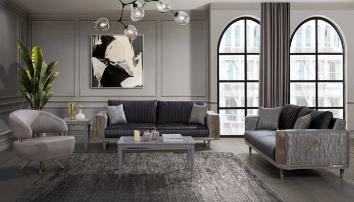 Grau Wunnzëmmer Garnitur Designer Canapéen Luxus Couchtisch Bäistelltisch
