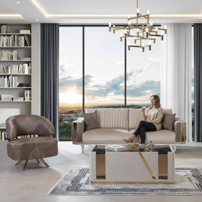 Modern Wunnzëmmer Garnitur Designer Beige Dräisëtzer Fauteuil Dësch.