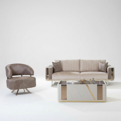 Modern Wunnzëmmer Garnitur Designer Beige Dräisëtzer Fauteuil Dësch.