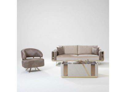 Modern Wunnzëmmer Garnitur Designer Beige Dräisëtzer Fauteuil Dësch.