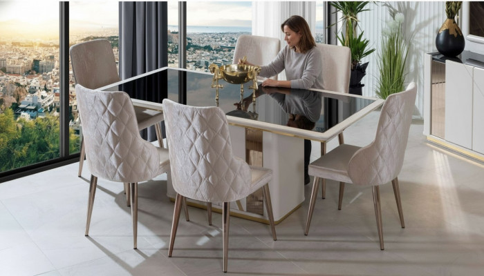 Exklusivt Iesszëmmer Set Edelt Glasdësch Designer Polsterstull 7stécker