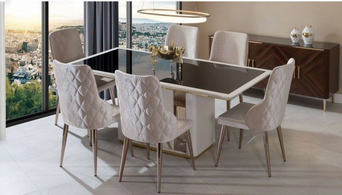 Exklusivt Iesszëmmer Set Edelt Glasdësch Designer Polsterstull 7stécker