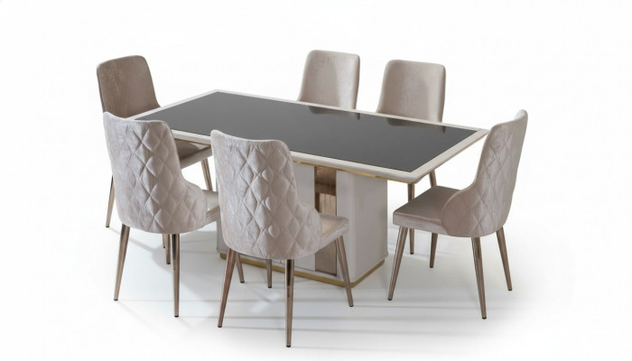 Exklusivt Iesszëmmer Set Edelt Glasdësch Designer Polsterstull 7stécker