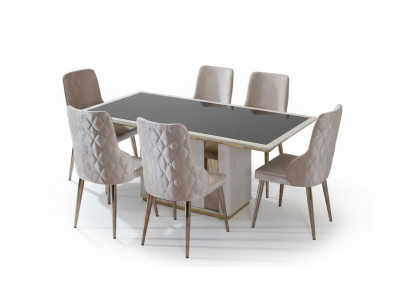Exklusivt Iesszëmmer Set Edelt Glasdësch Designer Polsterstull 7stécker