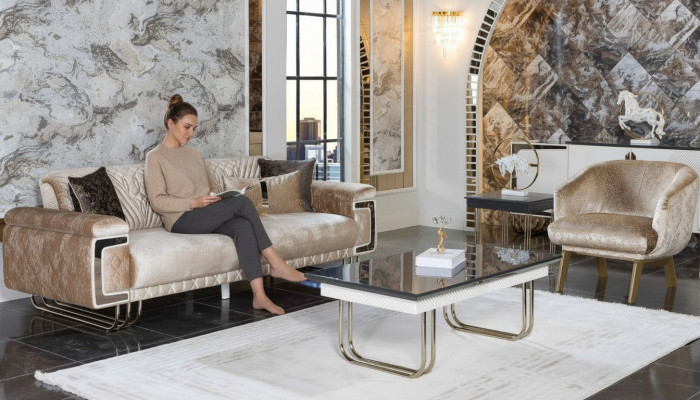 Wunnzëmmer Modern Couch Garnitur Dräisëtzer Polstersëtzfauteuil Couchdësch
