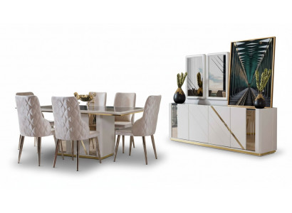 Beige Edelstol Iesszëmmer Garnitur Designer Dësch mat x6 Still Kommod.