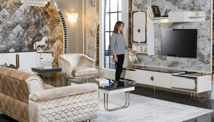 Exklusiven Edelstahl TV-Schräin Designer Mauerregal Luxus Wunnzëmmer Set