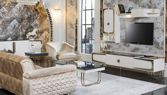 Exklusiven Edelstahl TV-Schräin Designer Mauerregal Luxus Wunnzëmmer Set