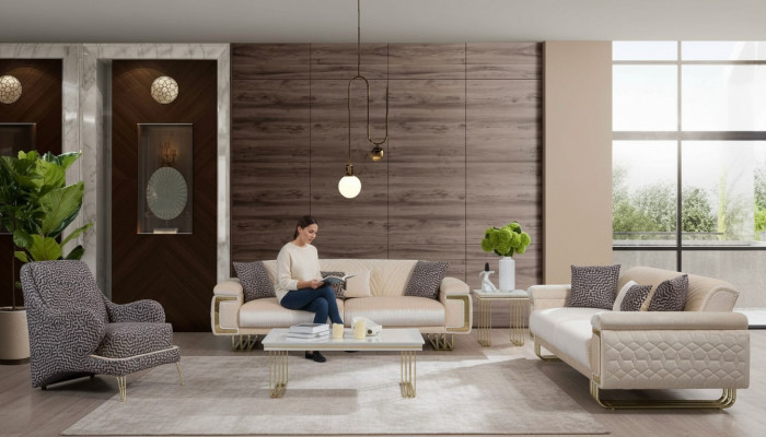 Design-Stotzëmmer Garnitur Luxus Dräisëtzer Couchtisch Bäistelltisch