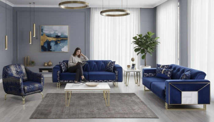 Luxus Blo Sofagarnitur Designer Dräisëtzer Dësch Couchtisch Bäistelltisch