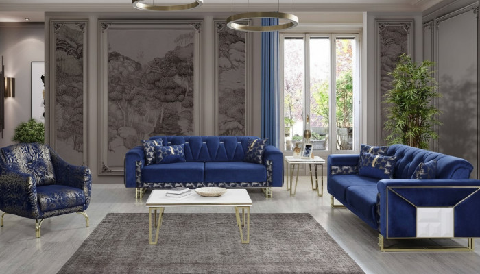 Luxus Blo Sofagarnitur Designer Dräisëtzer Dësch Couchtisch Bäistelltisch