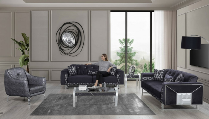 Schwaarz-Grau Wunnzëmmer Sëtzgarnitur Designer Sofas Niewentësch 5 Deeler