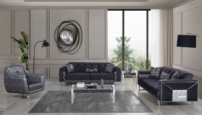 Schwaarz-Grau Wunnzëmmer Sëtzgarnitur Designer Sofas Niewentësch 5 Deeler
