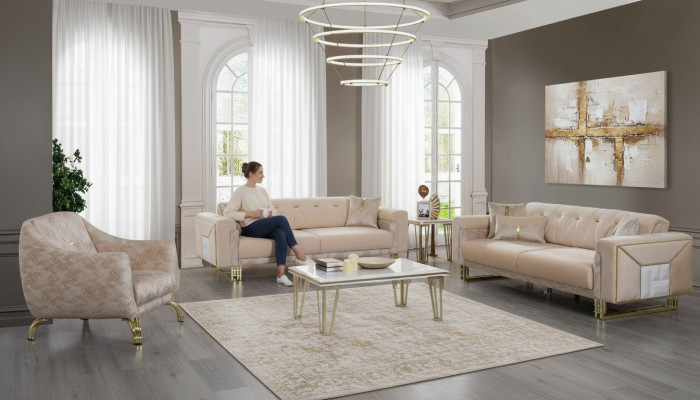 Komplett Beige Sëtzgrupp Wunnzëmmer Sofas Luxus Still Kaffisdësch