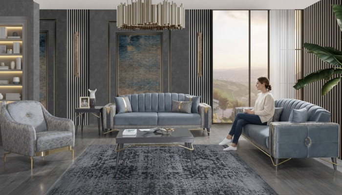Luxuriéis gro Chesterfield Polster Sofaset Wunnzëmmer 3-Sëtzer Textil Fauteuil