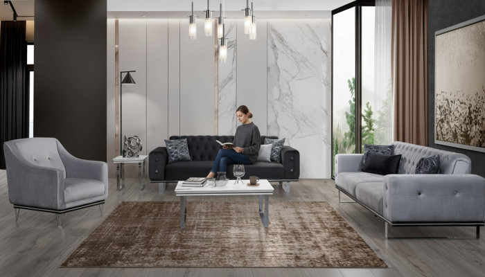 Schwaarz-Grau Chesterfield Canapé-Set Modern Canapéen Säitentisch
