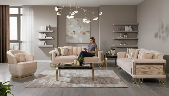 Wunnzëmmer Beige Sofagarnitur Dräisëtzer Canapé Designer Fotell Grupp