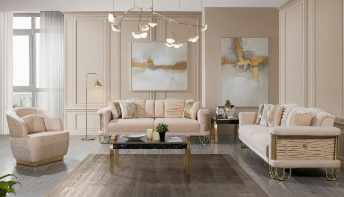 Wunnzëmmer Beige Sofagarnitur Dräisëtzer Canapé Designer Fotell Grupp