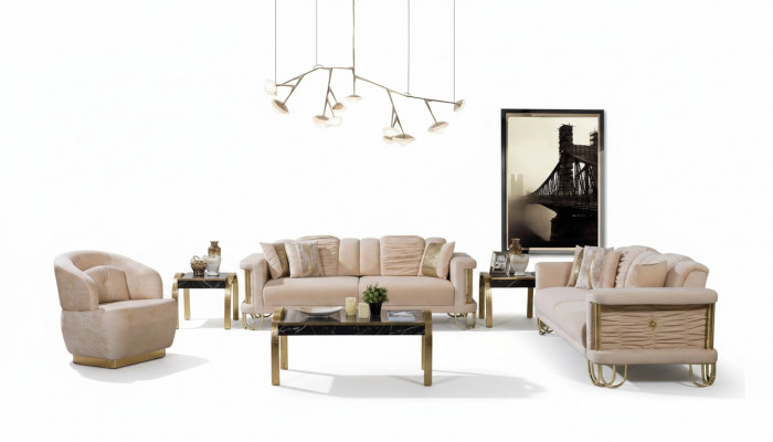 Wunnzëmmer Beige Sofagarnitur Dräisëtzer Canapé Designer Fotell Grupp