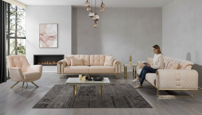 Modern beige Wunnzëmmer Sofagarnitur x2 3-Sëtzer Polstersessel 3 Deeler