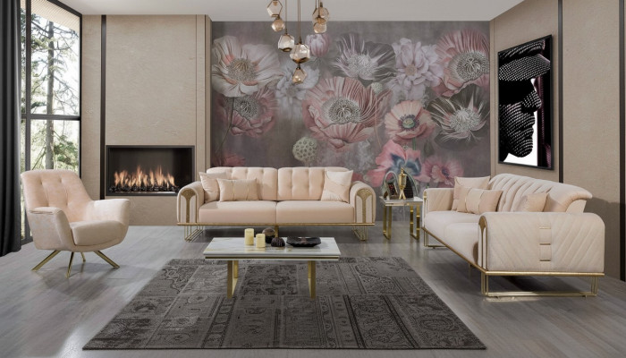 Modern beige Wunnzëmmer Sofagarnitur x2 3-Sëtzer Polstersessel 3 Deeler