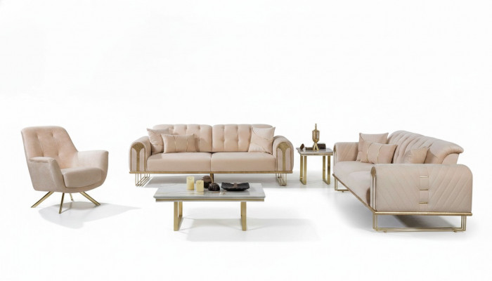 Modern beige Wunnzëmmer Sofagarnitur x2 3-Sëtzer Polstersessel 3 Deeler