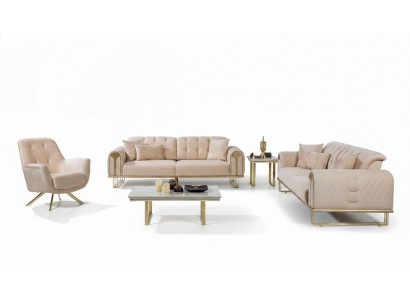 Modern beige Wunnzëmmer Sofagarnitur x2 3-Sëtzer Polstersessel 3 Deeler