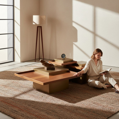 Modernt brong Couchtisch Set Wunnzëmmer Holz Kaffisdësch Luxus Set